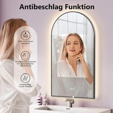 Дзеркало для ванної кімнати LED HOKO Design Turin, овальне, 45x75 см, матовий чорний каркас, сенсорне керування, світлодіодне підсвічування, зміна кольору світла (тепле/холодне/нейтральне), антизапарювання