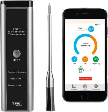 Бездротовий термометр для м'яса TFA Dostmann SMART BBQ з дальністю 70 м, для гриля/духовки/фритюрниці, миється в посудомийній машині, чорно-сірий
