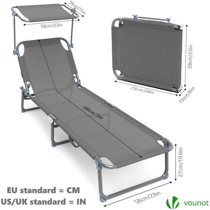 Набір з 2 шезлонгів Vounot, розкладні, для саду, басейну, тераси, сірого кольору. З сонцезахистом та регульованою спинкою.