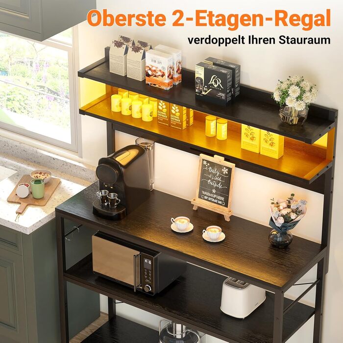 Кухонна полиця-стійка з розеткою, підставка для мікрохвильовки, 5-рівнева кавобар з LED-підсвічуванням, полиця для спецій, каструль та сковороди (80 см, чорний)