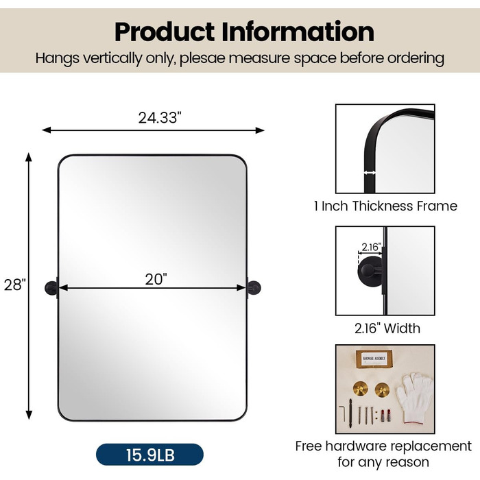 Дзеркало для ванної кімнати MOON MIRROR прямокутне з металевим каркасом, 50.8 x 71.1 см, чорний матовий