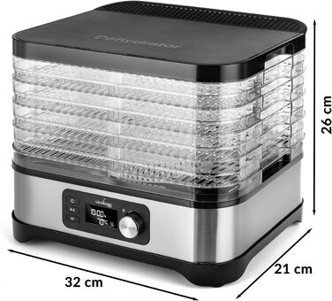 Електричний дегідратор Lehmann для сушіння продуктів з нержавіючої сталі, 450W, 5 рівнів, регулювання температури 35-70°C, для фруктів, грибів, м'яса, трав, без BPA