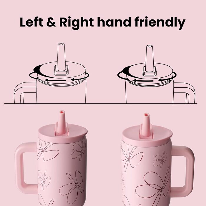 Термокружка з нержавіючої сталі 900мл з ручкою та трубочкою – BPA-free, подвійні стінки, без витоку – для подорожей, офісу, навчання, спорту та як подарунок (квітковий принт)