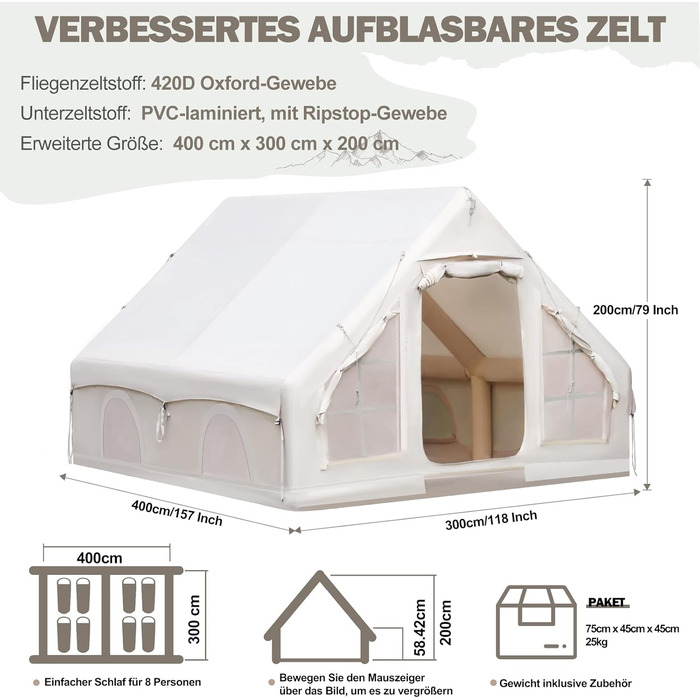 Надувний кемпінговий намет з димоходом та вікном, для 2-10 осіб з насосом, Oxford тканина, швидкозбірний, багатосезонний