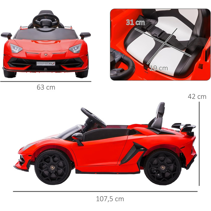 Дитячий електромобіль HOMCOM Lamborghini Aventador SVJ Roadster 12V, червоний, з пультом ДУ, MP3, світлом і звуком, для дітей 3-5 років