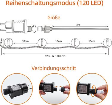 Гірлянда світлодіодна Kugel 12м, 120 LED, тепле біле світло, 8 режимів, таймер, IP44, для декору саду, тераси, балкону, кімнати, вечірки