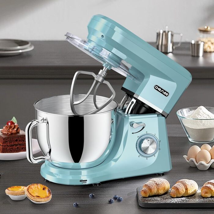 Кухонна машина Cheflee 2000W: потужна планетарна міксер для тіста та збивання, 6 швидкостей, 7.2 л чаша з нержавіючої сталі, гак для тіста та вінчик, захист від бризок (блакитна)