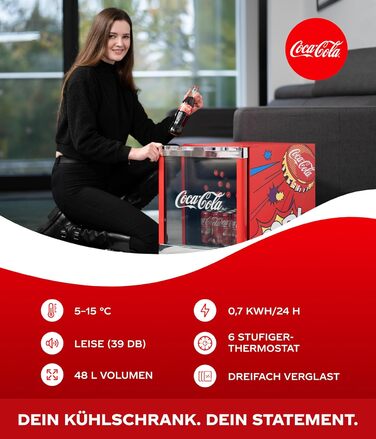 Міні-холодильник для напоїв °CUBES Original Coca-Cola PopArt червоний (48л) з glass-дверцяма, енергоефективний та безшумний — для офісу, геймінгу та вечірок