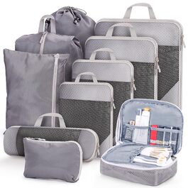 Набір органайзерів для валізи та рюкзака з компресією, 10 предметів, сірий — дорожні сумки для одягу та речей