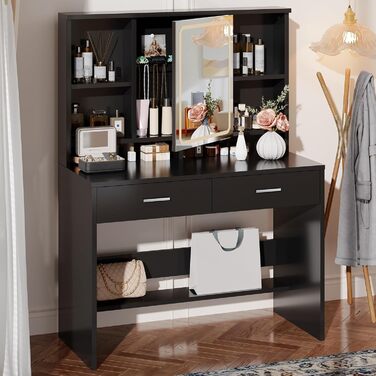 Дзеркальний туалетний столик JUMMICO з LED-підсвічуванням, 2 шухляди, 4 полиці, білий (чорний)