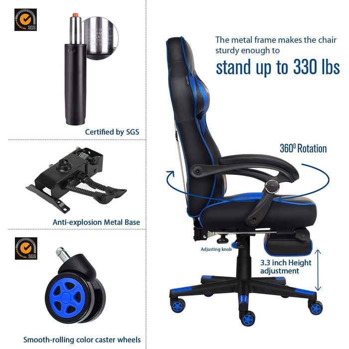 Ігрове крісло YU YUSING для ігор з підставкою для ніг, масажне крісло для гонок ергономічне, поворотне з високим ступенем регулювання, регульована на 90-150 спинка, знімний підголівник, поперекова подушка (чорний / синій)