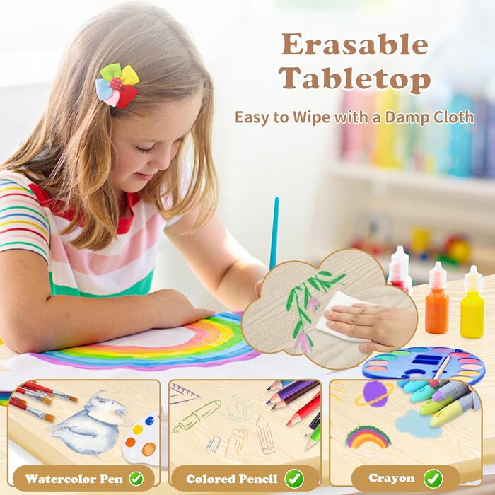 Дитячий стіл зі стільцями (2 шт.) 80x60 см, регульована висота, для дитячого садка, ідеально для ігор, малювання та розмальовування. Легко миється. Набір столу та стільців для дітей від 2 років (Бежевий)