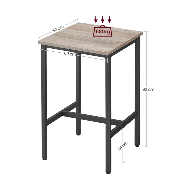 Високий стіл, барний стіл, квадрат, сталевий каркас, 60 x 60 x 92 см, легка збірка, для кухні, вітальні, індустріальний стиль, сільський коричневий і чорний LBT25 шт. (сірий чорний)