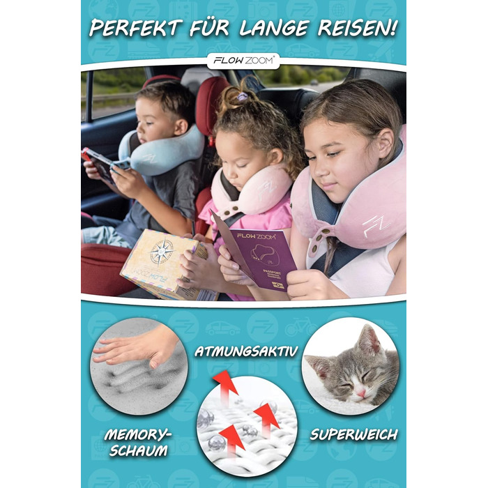 Подушка для шиї FLOWZOOM Comfy - для подорожей (літак, авто) - Memory Foam, регульована, 360° підтримка, дихаючий чохол, чорний (4.2. Comfy Kids S - Рожевий)