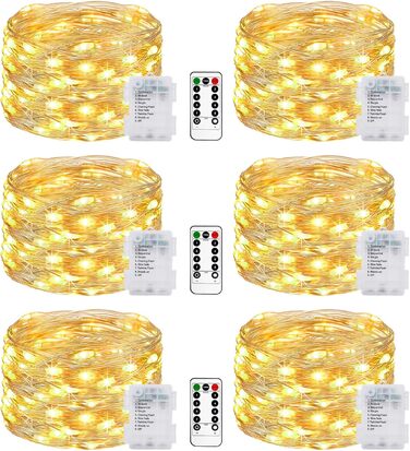 Льотова гірлянда на батарейках, 5 метрів, 50 LED, з таймером та пультом, 8 режимів, вологостійка, тепле біле світло, для декору, 6 шт.