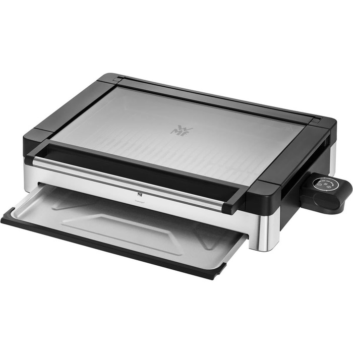 Електричний гриль WMF Lono з кришкою з термостійкого скла, антипригарне покриття, знімний збірник жиру, придатний для миття в посудомийній машині, матова нержавіюча сталь, 2200 Вт, Single