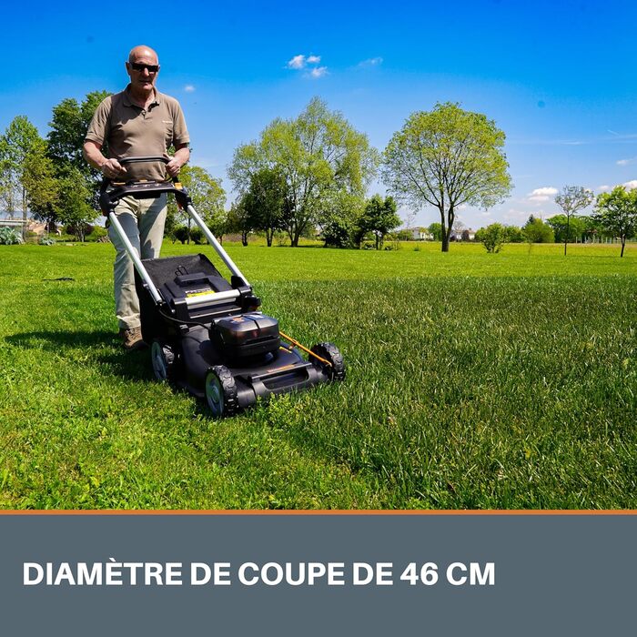 Акумуляторний газонокосарка WORX WG749E 40V PowerShare з радіоприводом, безщітковий двигун, ширина косіння 46 см, 7 положень висоти, з акумулятором та зарядним пристроєм