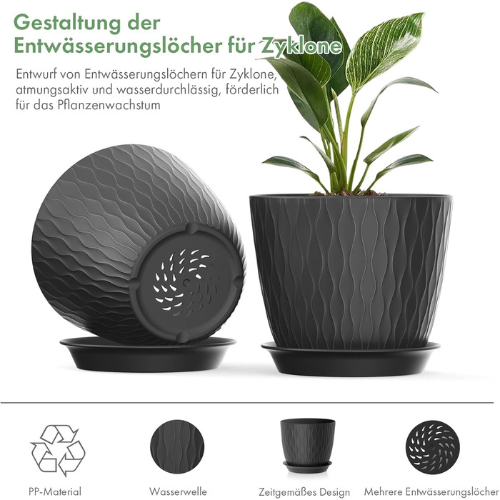 Набір горщиків для квітів з системою поливу, 17.8 см, 5 шт., з підставкою, для дому та балкону, чорний