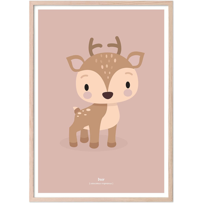 Постер Klebekerlchen 50x70 з лісовими тваринами прикраса для дитячих кімнат і дитячих кімнат картини з тваринами для хлопчиків і дівчаток з дерев'яною рамою - (30x40 - рамка природа, олені)