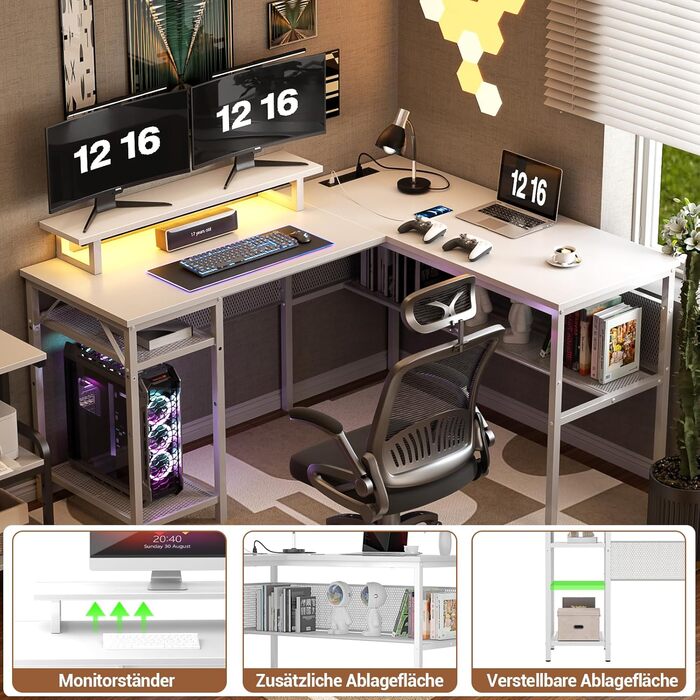 L-подібний ігровий стіл, 141x117x76 см, комп'ютерний стіл з полицею, офісний стіл з поворотним кутом для навчання, ігор, home office (білий)