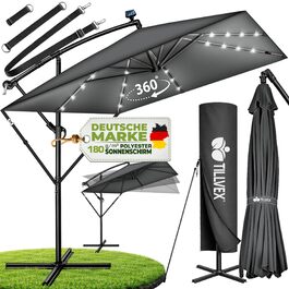 Прямокутна алюмінієва сонячна парасолька tillvex® 330 см з LED-підсвіткою, ручкою та чохлом, антрацит — підвісна садова парасолька з захистом від UV та вітру