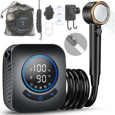 Електричний душ для кемпінгу MIAOKE 7800 mAh з цифровим дисплеєм та індикатором температури, портативний душ для подорожей, походу, кемпінгу - золотий