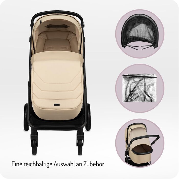 Дитяча коляска MoMi GISELLE 2 в 1 комбінована, бежева: для малюків від народження до 22 кг, з 5-точковим ременем безпеки, збірно-розкладна, з кошиком, матрацом, дощовиком та пеленатором