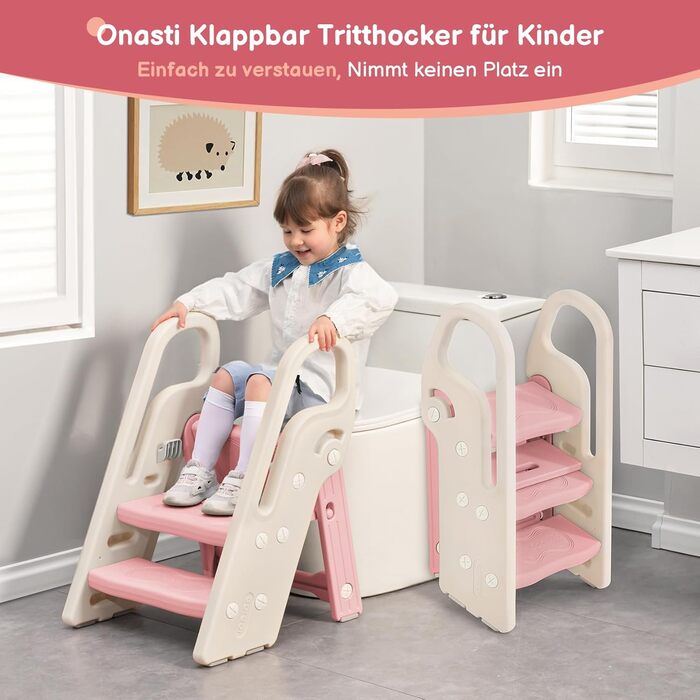 Дитячий табурет-сходинка Onasti: регульована висота, 2-3 сходинки, складна конструкція, багатофункціональний, для ванної, дитячої кімнати, кухні (зелений, рожевий)
