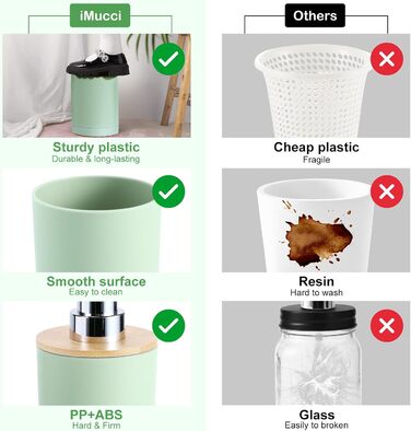 Набір аксесуарів для ванної кімнати iMucci: сміттєвий бак, щітка для унітазу, тримач для зубних щіток, диспенсер для лосьону/мила, мильниця, стакан для щіток, тримач для ватних паличок (бамбуковий), пастельно-зелений, 9 предметів