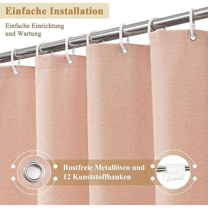 Шторка для душу EurCross з льону, текстурована, 180x220 см, текстиль, водонепроникна, з 12 колечками, рожева, для готелю, антигрибкова, миється