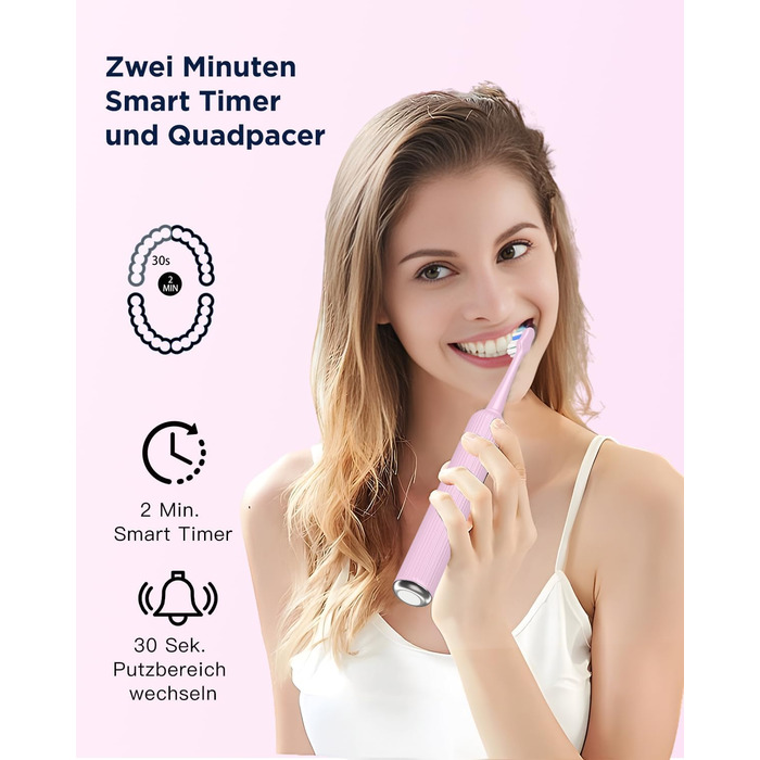 Електрична зубна щітка звукового типу для дорослих та дітей, 5 режимів чищення, 3 рівні інтенсивності, таймер, 8 насадок, чохол для подорожей, рожевий колір