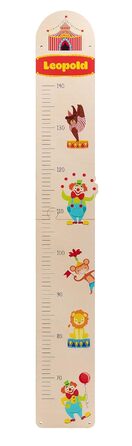 Іменна дитяча дерев'яна мірна паличка Цирк з берези з бажаним ім'ям, дитяча мірна паличка з мотивом циркового шапіто, клоуна і тварин, розміром приблизно 15 х 100 см.