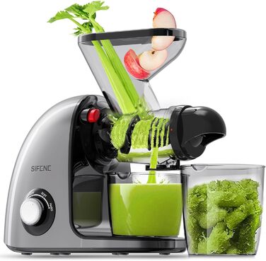 Соковижималка SiFENE Slow Juicer - подвійний калібр, не засмічується, функція реверсу проти блокування, дрібне подрібнення без фільтра, електрична соковижималка, зі щіткою та 2 чашками сірого кольору