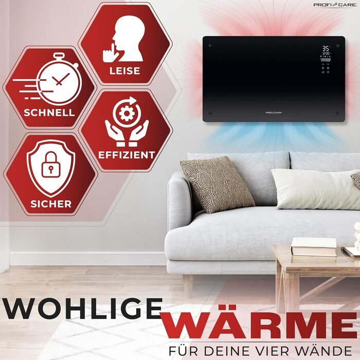 ProfiCare® Електричний конвектор з скляною передньою панеллю та X-подібним нагрівальним елементом | Мобільний обігрівач, також підходить для настінного монтажу | Конвектор з 2 рівнями нагріву | Безшумне опалення - 0dB | PC-GKH 3119 чорний