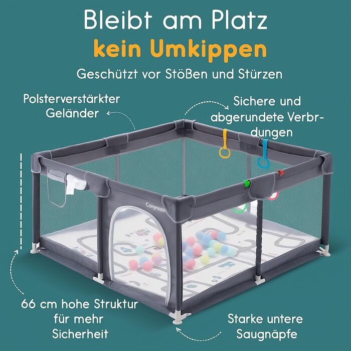 Дитячий манеж-ігровий центр з матрацом, басейн з кульками (50 кульок у комплекті) та 4 ручками для тримання. Розмір 124x124 см, дихаюча сітка, матеріал 210D Oxford, колір темно-сірий.