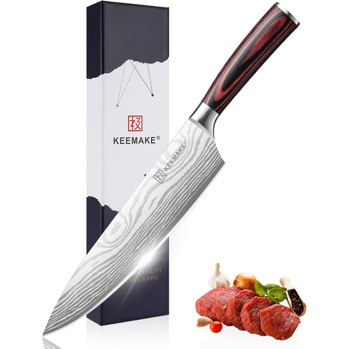 KEEMAKE Ніж кухарський 20см, професійний ніж для кухні з нержавіючої сталі з захистом леза, гострий ніж шеф-кухаря для м'яса, овочів, риби
