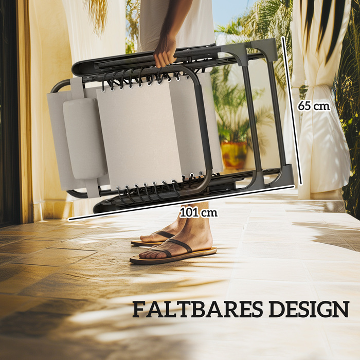 Набір садово-розслаблювальних меблів для відпочинку на вулиці, 3 шт. Комплект включає: сонцезахисний лежак, столик для чаювання та 2 лежаки з подушками. Розміри: 90x56x110 см. Колір: бежевий.