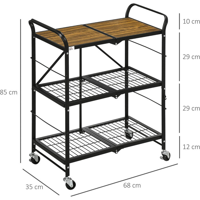Складаний візок для кухні та сервірування HOMCOM, 3 яруси, 4 коліщатка, сталь, коричневий чорний, 68x35x85 см