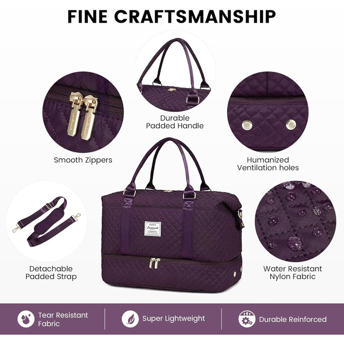 Спортивна сумка LOVEVOOK для жінок: велика дорожня сумка-мішок з косметичкою, відділенням для взуття, водонепроникна, для подорожей, спортзалу, клініки, пологів (M-2шт, темно-фіолетовий)