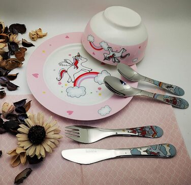 Набір столових приборів Exzact 6 шт. з нержавіючої сталі - дитячий посуд: тарілка, миска, ложка, виделка, ніж, столова ложка. Подарункова коробка (Wf712-4uni)