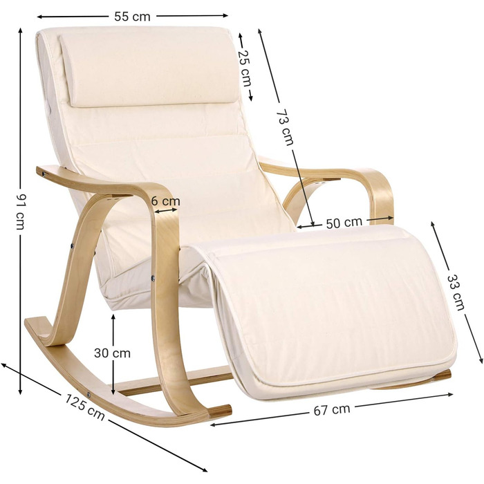 Крісло-гойдалка SONGMICS з берези, бежеве, з регульованою підставкою для ніг, бавовняний чохол, до 150 кг