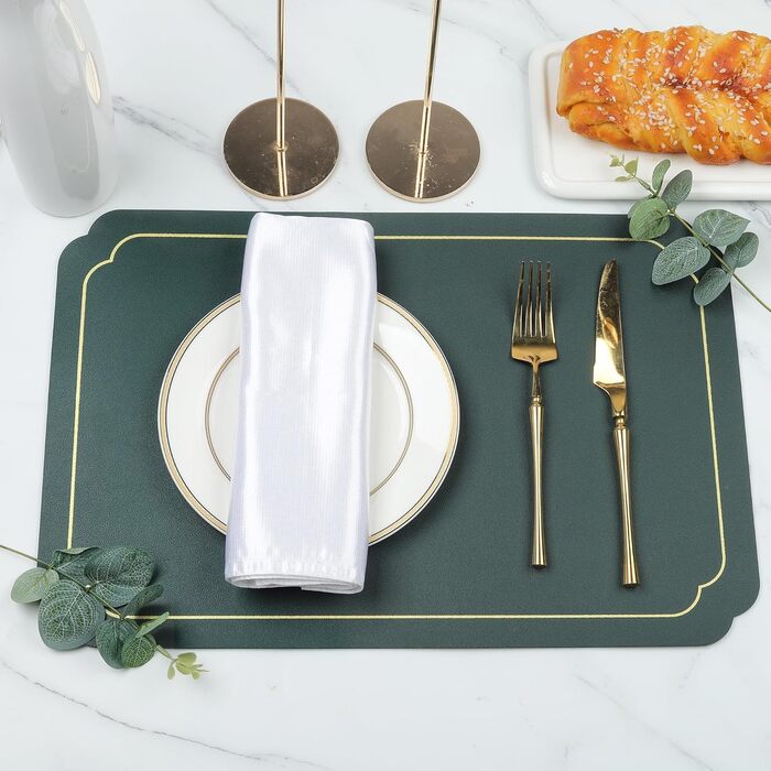 Набори підставки під тарілки Fanquare, 6 шт., зелені, прямокутні, з штучної шкіри, з золотим кантом. Стійкі до тепла, миючіся, неслизькі підставки для обіднього столу, весільної декоратації. Розмір: 45 * 30 см