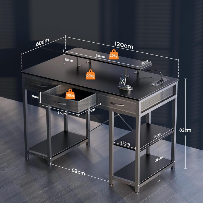 Комп'ютерний стіл Claiks з 3 шухлядами, полицею, 2 розетками та 2 USB-портами для зарядки, білий (120 x 60 см), чорний