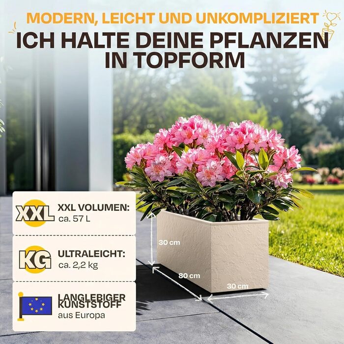 Плантажер Ondis24 Vulkan 57л, прямокутний, з водосховищем, для балкона та тераси