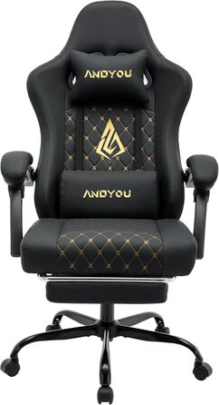 Ігровий крісло Andyou Racing Gamer, ергономічний крісло з підставкою для спини, штучна шкіра, 130 кг, чорний