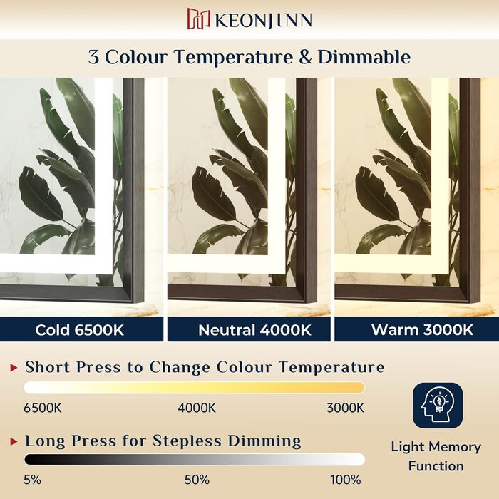 Дзеркало для ванної кімнати Keonjinn з підсвічуванням, металевий каркас 50x70 см, антизапар, LED, сенсорне керування, 3 кольори світла, диммування, пам'ять, настінне дзеркало (Чорний, 60 x 100 см)