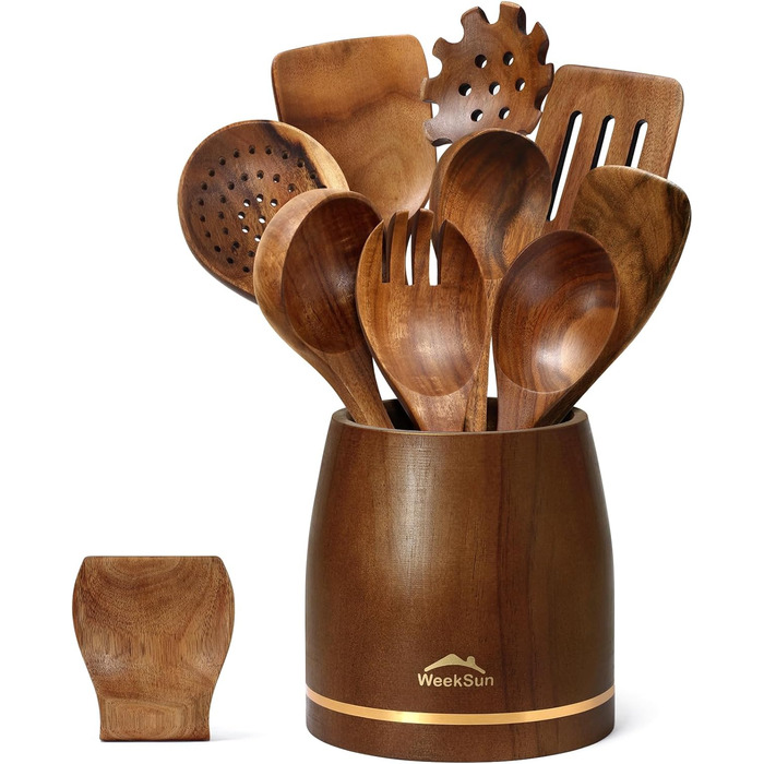 Набір кухонних аксесуарів з текового дерева (10 шт.) з підставкою, лопатка, половник, половник для супу, ложка для салату, виделки та ложки для салату, подарунок для кухаря