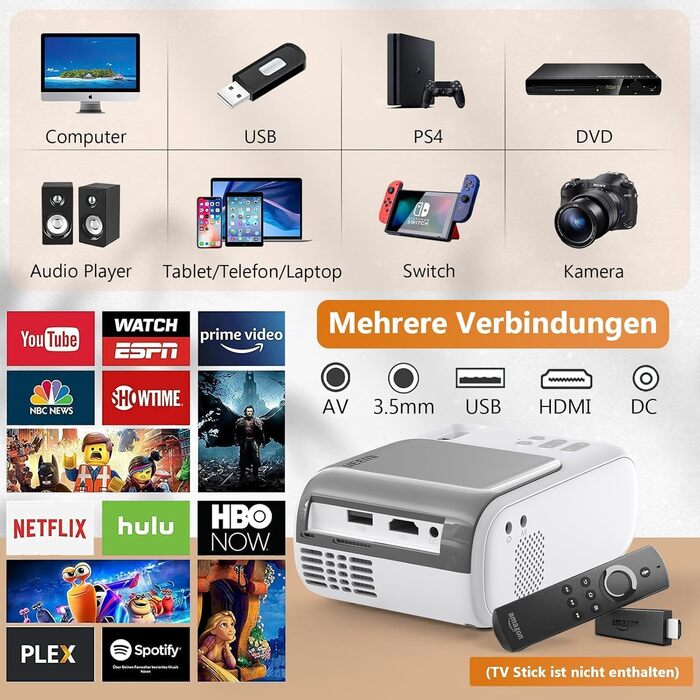 Mini-Beamer 10000 люменів, 1080P LED проектор, сумісний з TV Stick, X-Box, DVD, ноутбуком, смартфоном, Android, HDMI, USB, 5G WiFi, Bluetooth AND-Q2