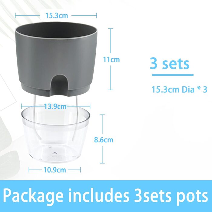 Набір горщиків для квітів з самополивом, 6 шт. (сірий), 22.3/15.3/10.5/8.2 см - для кімнатних рослин, квітів та трав'яних культур