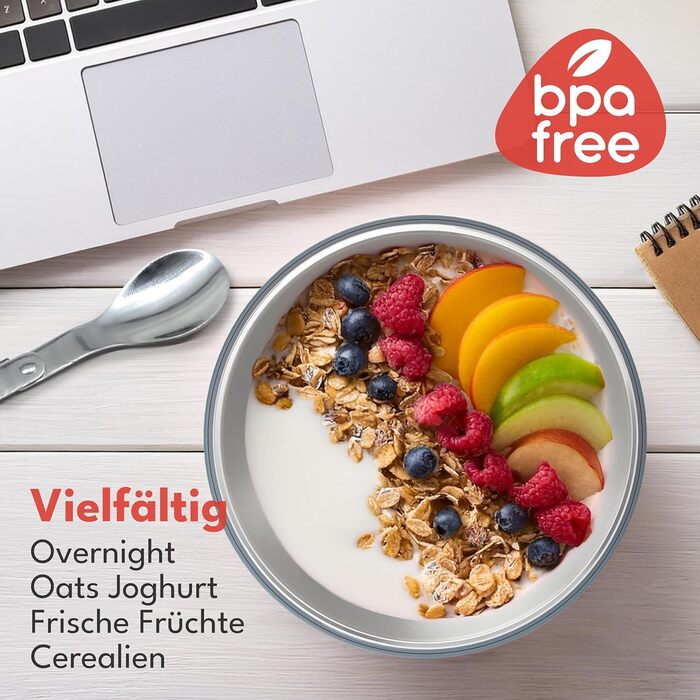 Кружка для мюслі LEBENLANG To Go з ложкою - ізолююча, з нержавіючої сталі, 650 мл. Ідеально для мюслі, йогурту, каші на винос для дітей та дорослих (Блакитна)